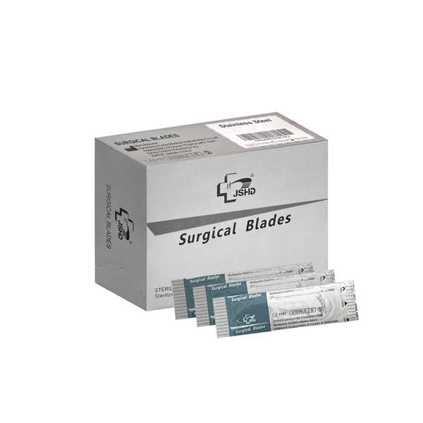 Caja de 100 hojas de bisturí JSHD, mostrando el empaque individual estéril.