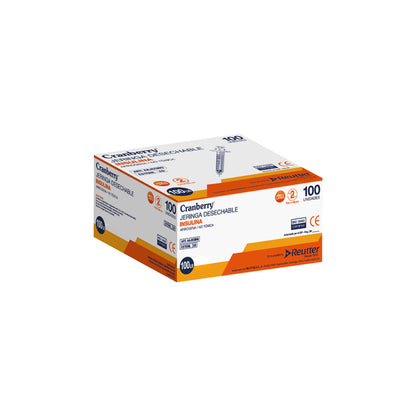 Caja de 100 jeringas de insulina Cranberry de 1 mL con aguja 29G en empaque estéril.