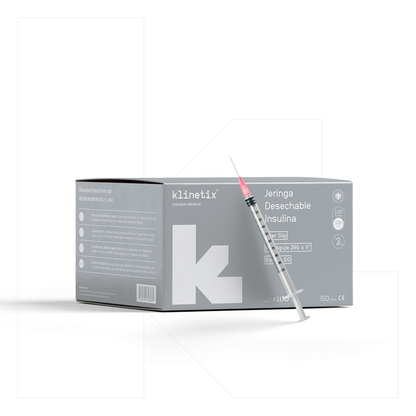 Jeringa de insulina Klinetix 100 UI con aguja ultrafina 29G x 1/2 pulgada, caja de 100 unidades.