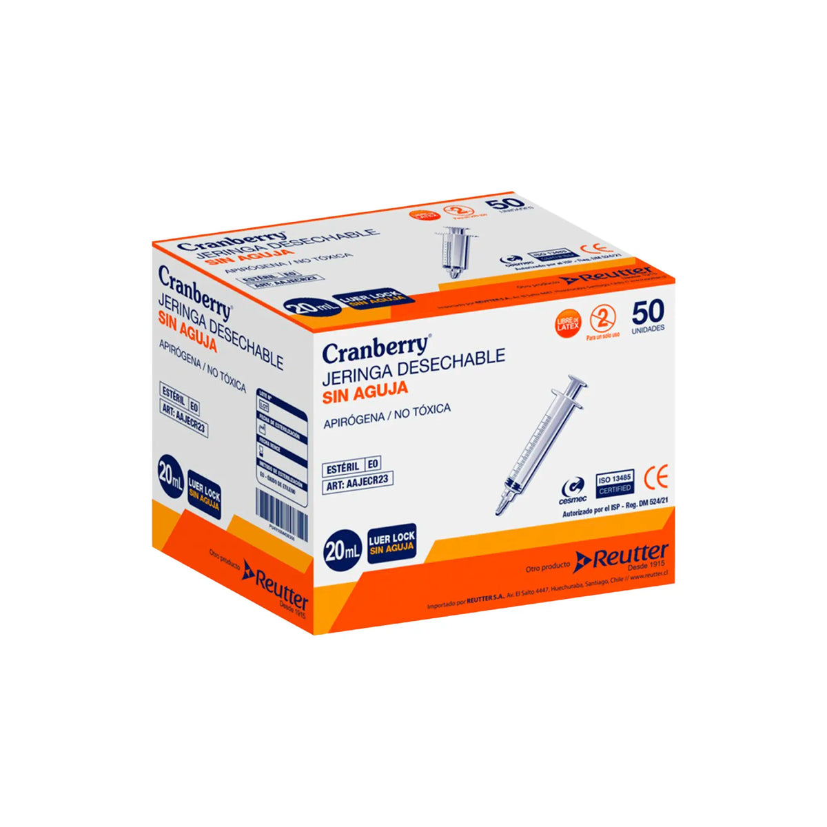Caja de 50 unidades de jeringas desechables Cranberry de 20 mL con conexión Luer Lock sin aguja, diseñadas para una administración segura de medicamentos y fluidos, distribuido por Klinetix.