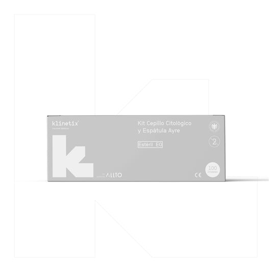Caja de Kit Citológico Klinetix con 100 unidades, que incluye cepillo citológico y espátula de Ayre estéril para exámenes de Papanicolaou y ginecología.