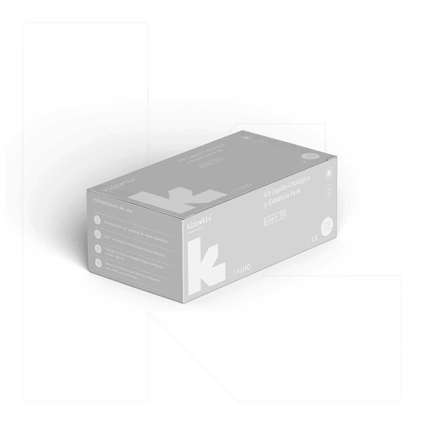 Empaque de Kit de Citología Klinetix en perspectiva, mostrando indicaciones de uso para toma de muestras cervicouterinas y sellos de certificación de esterilidad.