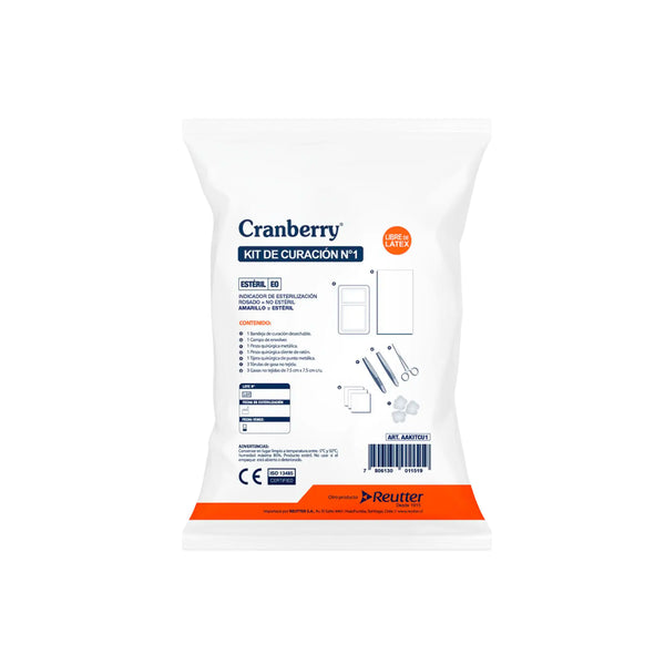 Empaque individual del Kit de Curación N°1 Cranberry. Envase técnico estéril con indicador de esterilización, listado detallado de contenido y certificaciones CE e ISO 13485. Producto libre de látex para procedimientos médicos seguros. Distribuido por Klinetix.