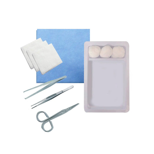 Set de curación estéril Cranberry con instrumental metálico. Incluye tijera de punta aguda, pinza anatómica, pinza quirúrgica, tórulas de algodón, gasas no tejidas y campo clínico sobre bandeja plástica compartimentada. Ideal para manejo profesional de heridas. Distribuido por Klinetix.