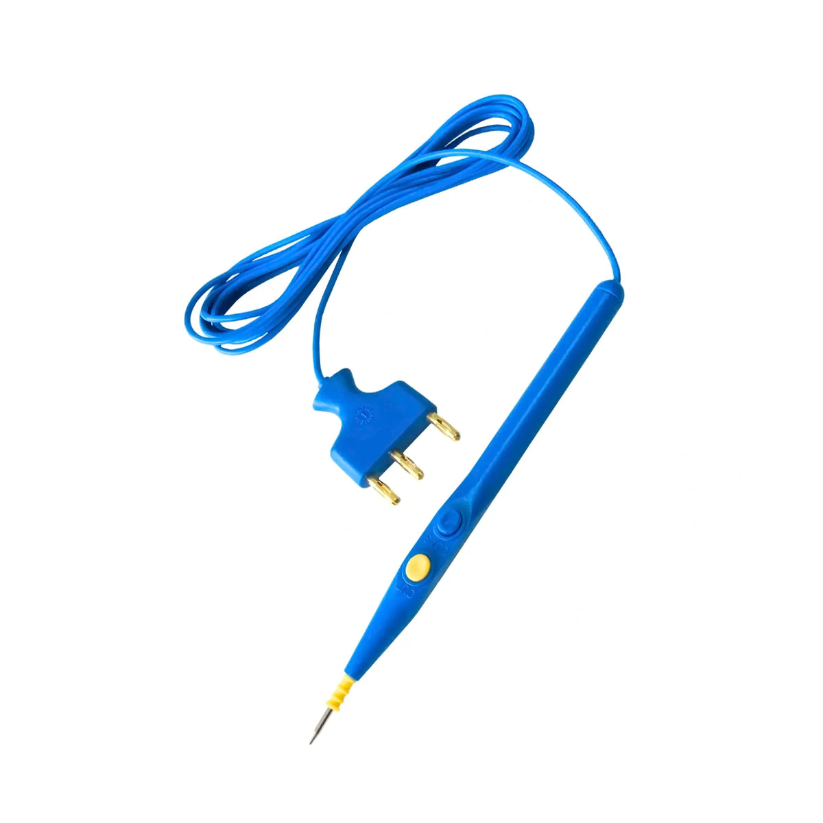 Lápiz de electrobisturí desechable OBS color azul con botones para corte y coagulación. Incluye cable integrado y conector de tres pines para equipos de electrocirugía. Distribuido por Klinetix.