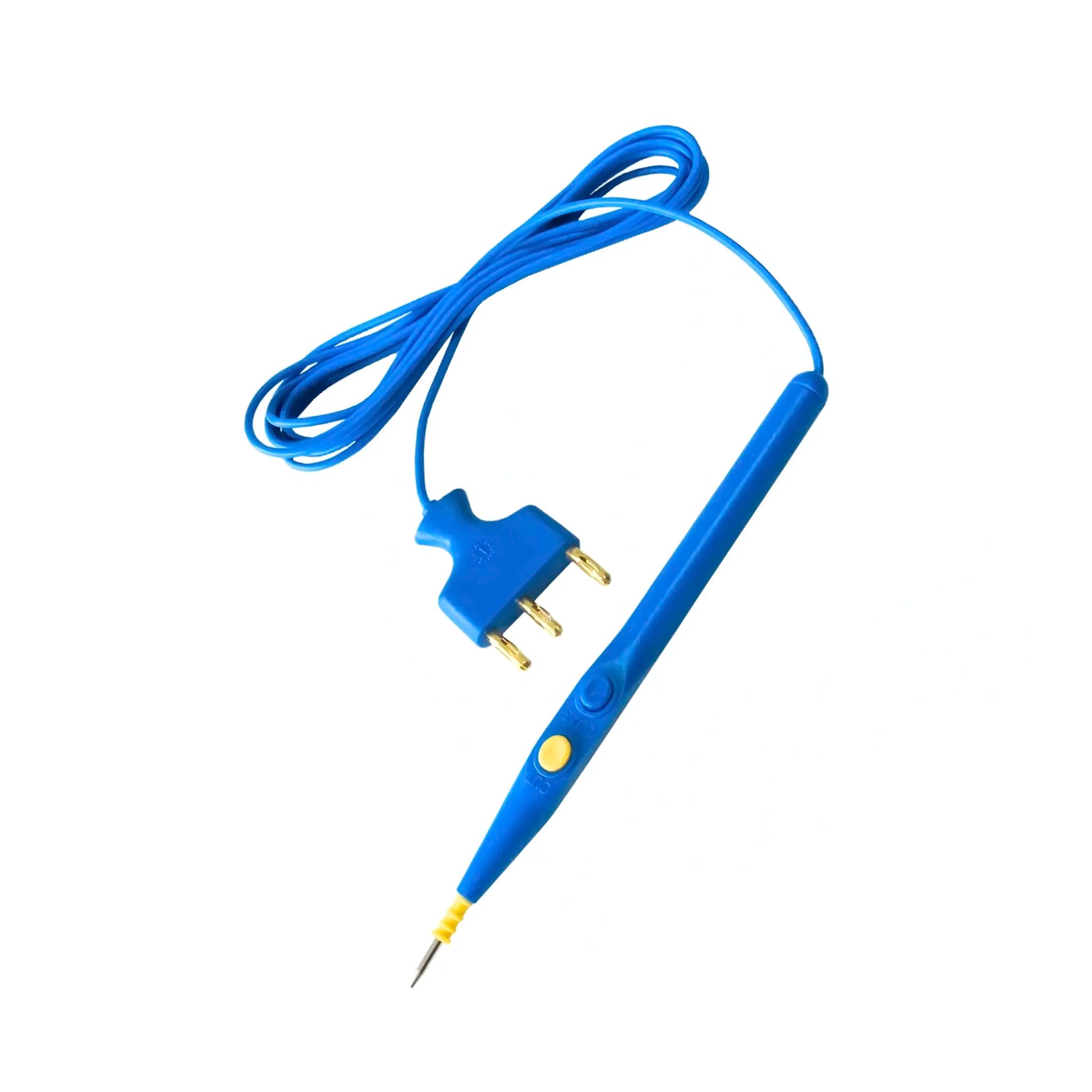 Lápiz de electrobisturí desechable OBS color azul con botones para corte y coagulación. Incluye cable integrado y conector de tres pines para equipos de electrocirugía. Distribuido por Klinetix.