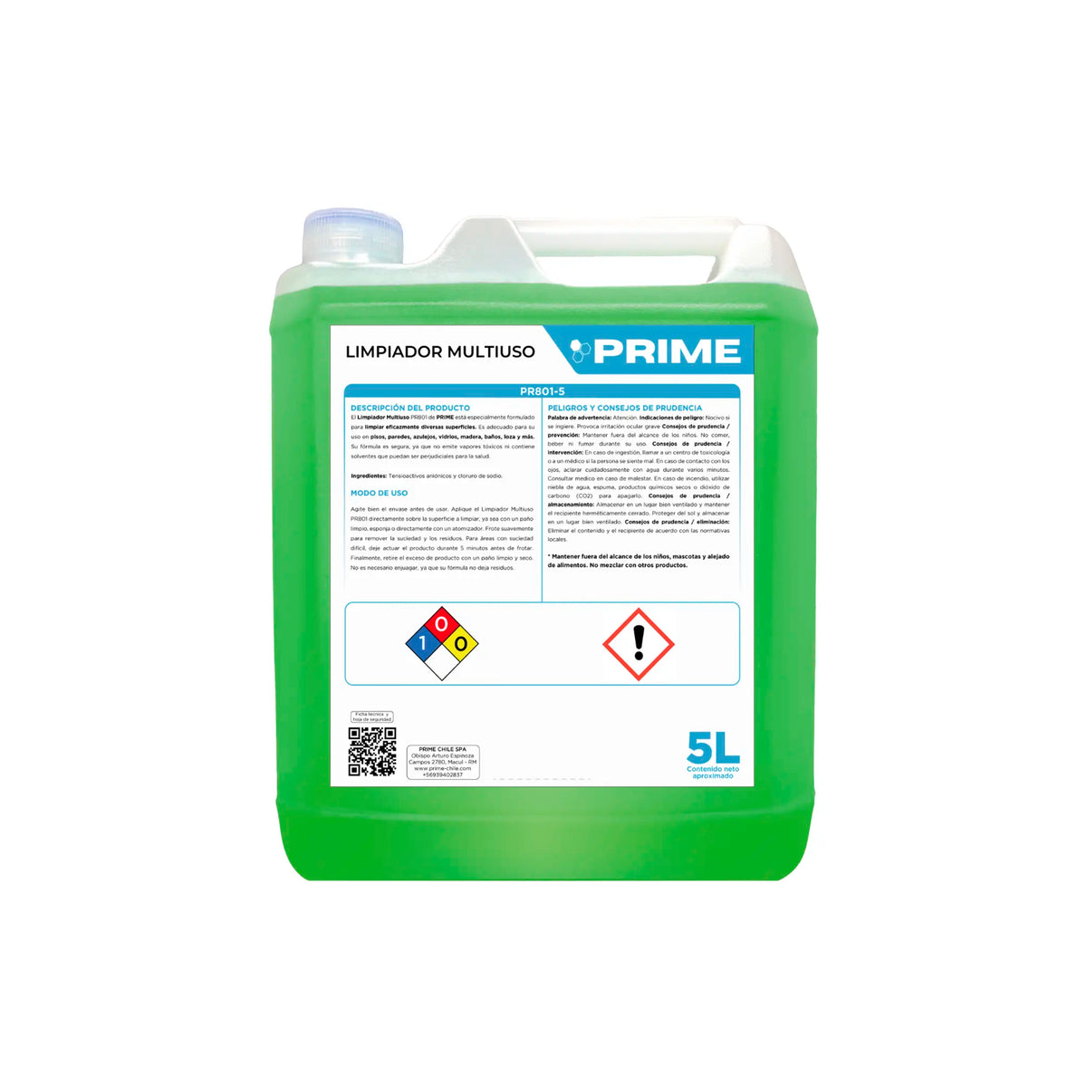 Bidón de 5L de Limpiador Multiuso Prime PR801. Líquido color verde traslúcido formulado para higiene integral en pisos, azulejos y vidrios. Su fórmula balanceada elimina suciedad acumulada sin dañar materiales. Incluye etiqueta técnica con instrucciones de uso y advertencias de seguridad. Distribuido por Klinetix.