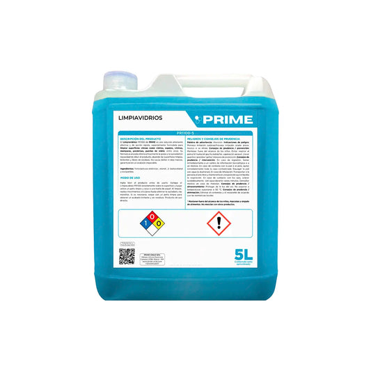 Bidón de 5 litros de limpiavidrios profesional Prime, solución de alto desempeño y secado rápido para limpieza de cristales, espejos y superficies vítreas sin dejar residuos. Distribuido por Klinetix.