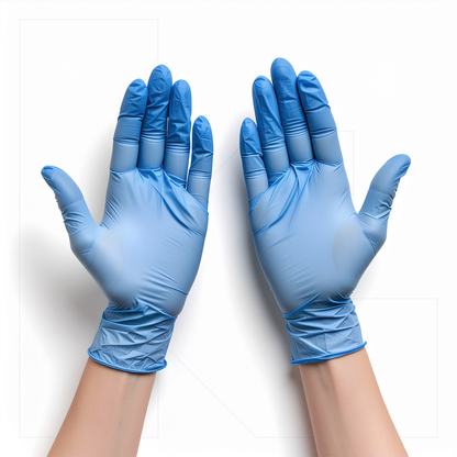 Primer plano de guantes de nitrilo Klinetix hipoalergénicos protegiendo las manos en un entorno clínico.