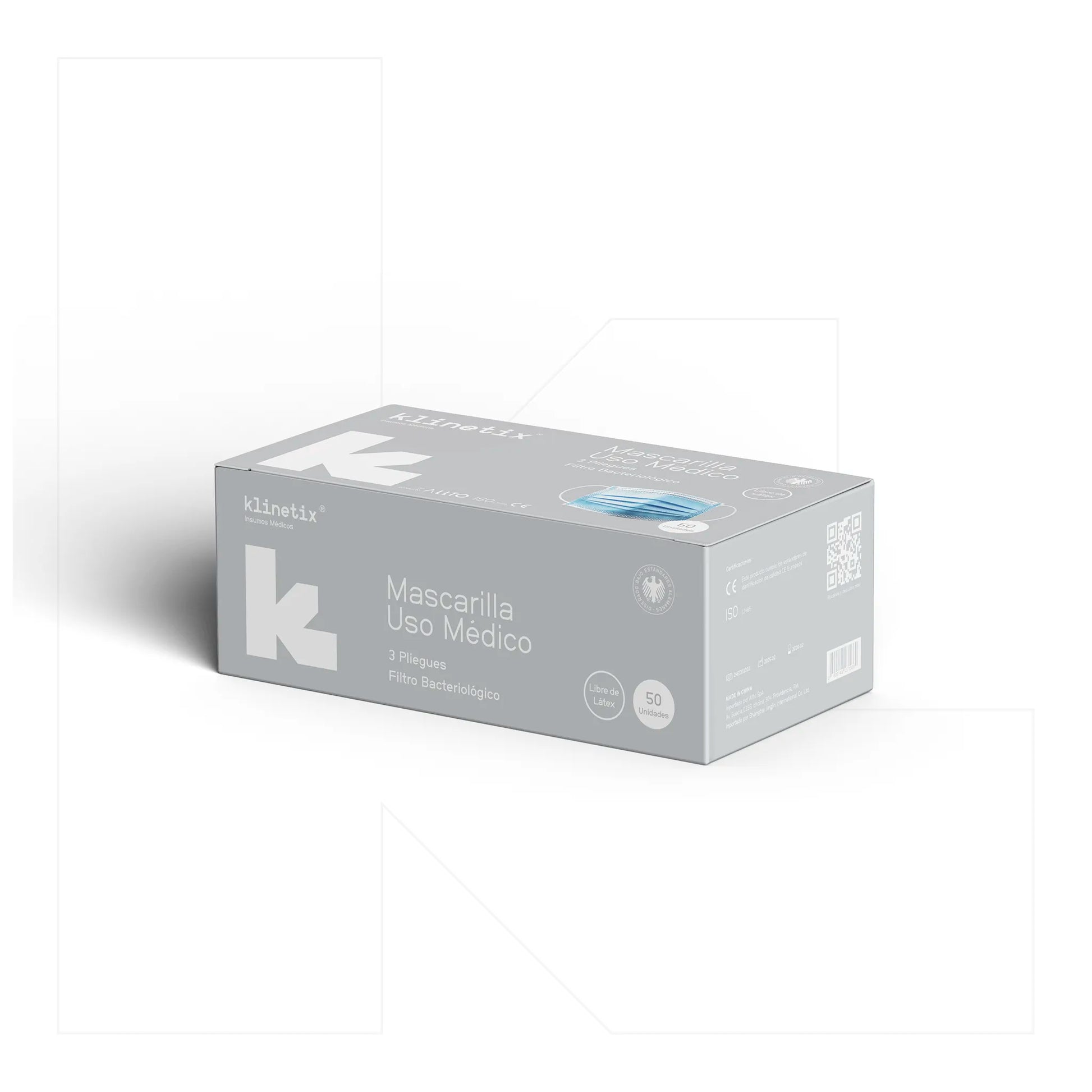Caja de 50 unidades de mascarillas quirúrgicas Klinetix color celeste, destacando certificaciones ISO, diseño libre de látex y alta eficiencia de filtración bacteriana.