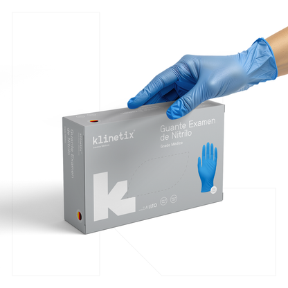 Caja de 100 unidades de guantes de nitrilo Klinetix sin polvo, color azul, resistentes al desgarro.