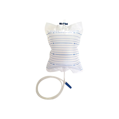 Bolsa recolectora de orina para adulto de 2 litros con escala graduada, manguera flexible y conectores de grado médico, distribuida por Klinetix.