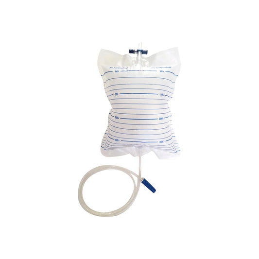 Bolsa recolectora de orina para adulto de 2 litros con escala graduada, manguera flexible y conectores de grado médico, distribuida por Klinetix.