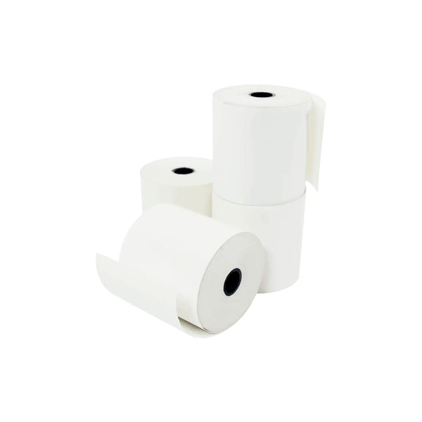 Set de rollos de papel térmico de alta calidad en color blanco puro, con dimensiones estándar de 80 x 80 mm para terminales de punto de venta (POS). La imagen destaca su acabado liso y centro reforzado, diseñados para garantizar una impresión nítida y un deslizamiento fluido en impresoras de boleta electrónica. Insumo esencial para una gestión comercial profesional y eficiente. Distribuido por Klinetix.