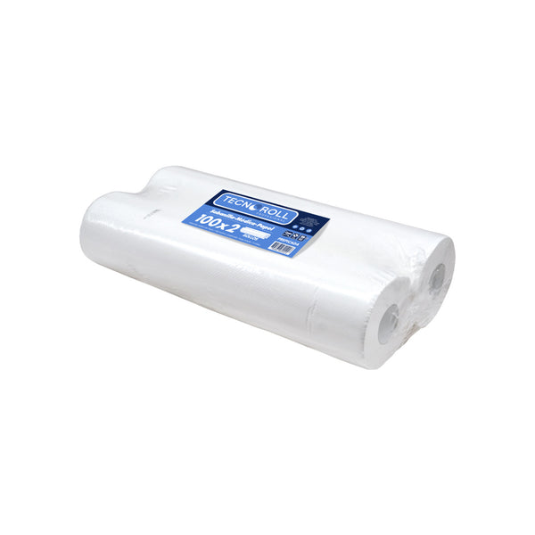 Paquete de 2 rollos de sabanillas médicas Tecnoroll de 100 metros cada uno, color blanco.