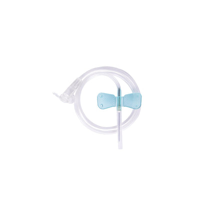 Primer plano de las aletas flexibles y el conector Luer Lock de la mariposa Cranberry.
