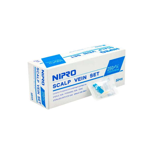 Caja de 50 unidades de Scalp Vein Nipro (mariposa) calibre 25G. Dispositivo para punción venosa delicada con alas de sujeción flexibles y aguja ultra fina para acceso vascular seguro. Distribuido por Klinetix.