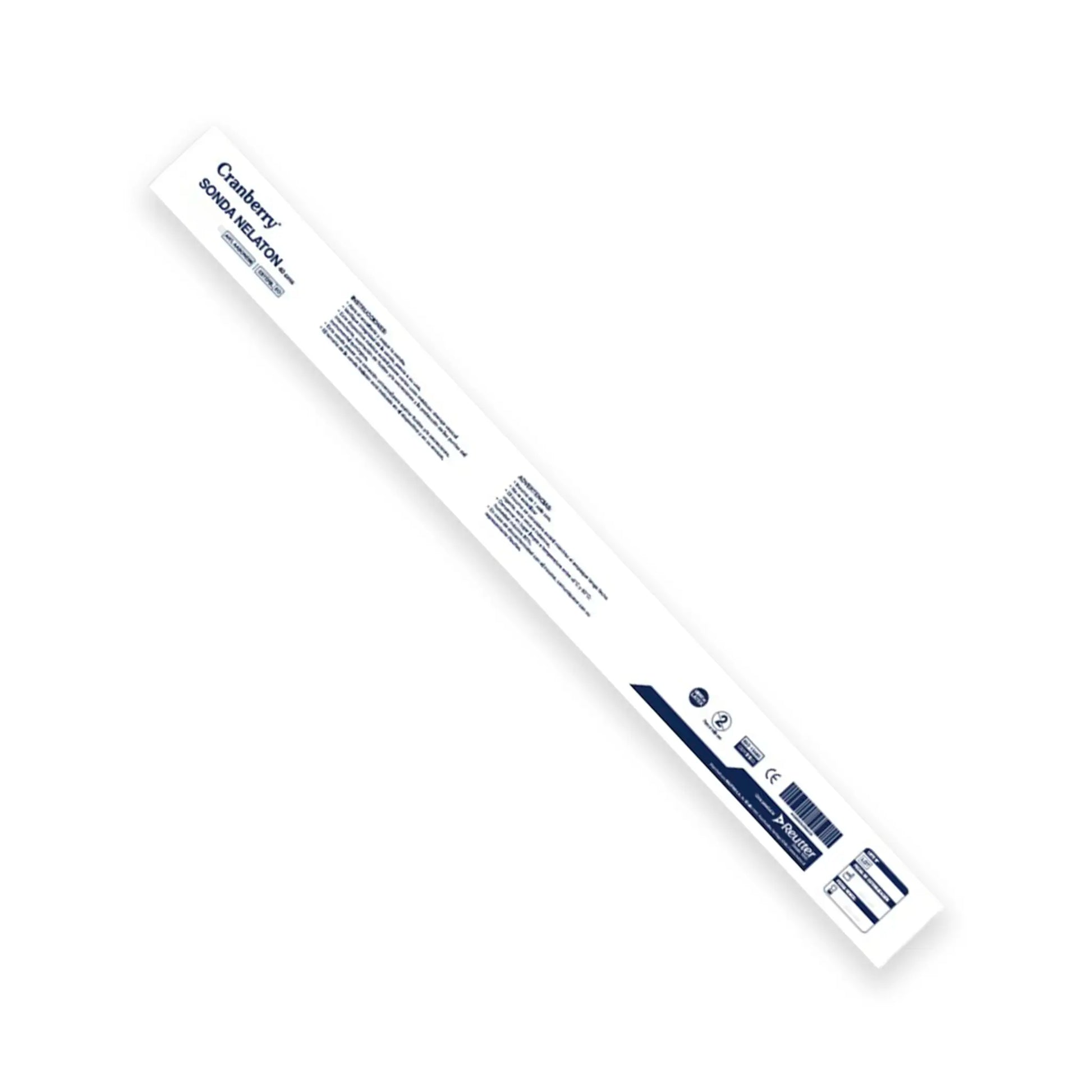 Empaque individual estéril de Sonda Nelaton Cranberry. Envase técnico que garantiza la asepsia del dispositivo médico para cateterismo vesical y drenaje de líquidos. Incluye certificaciones y especificaciones de un solo uso. Distribuido por Klinetix.