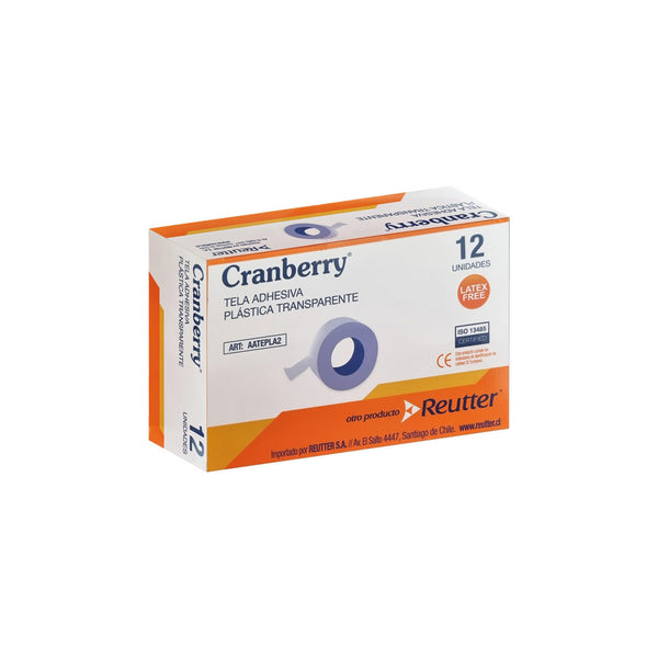 Caja de telas adhesivas plásticas Cranberry transparentes, disponibles en 2,5 cm y 5 cm de ancho.