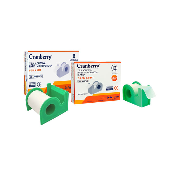 Caja de tela adhesiva microporosa Cranberry, mostrando los rollos de papel médico blanco.