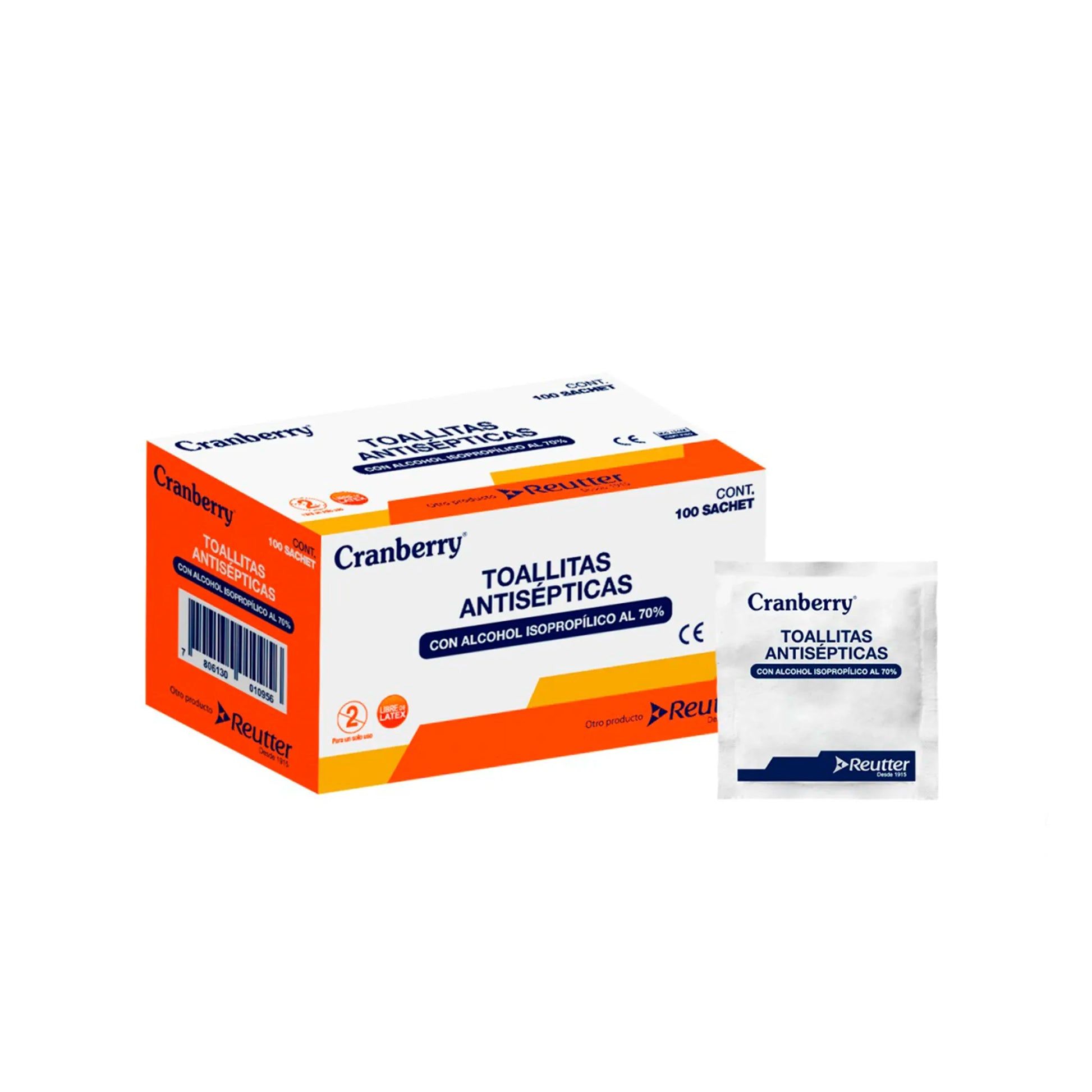 Caja de 100 unidades y sachet individual de toallitas antisépticas Cranberry con alcohol isopropílico al 70% para desinfección de la piel, distribuido por Klinetix.