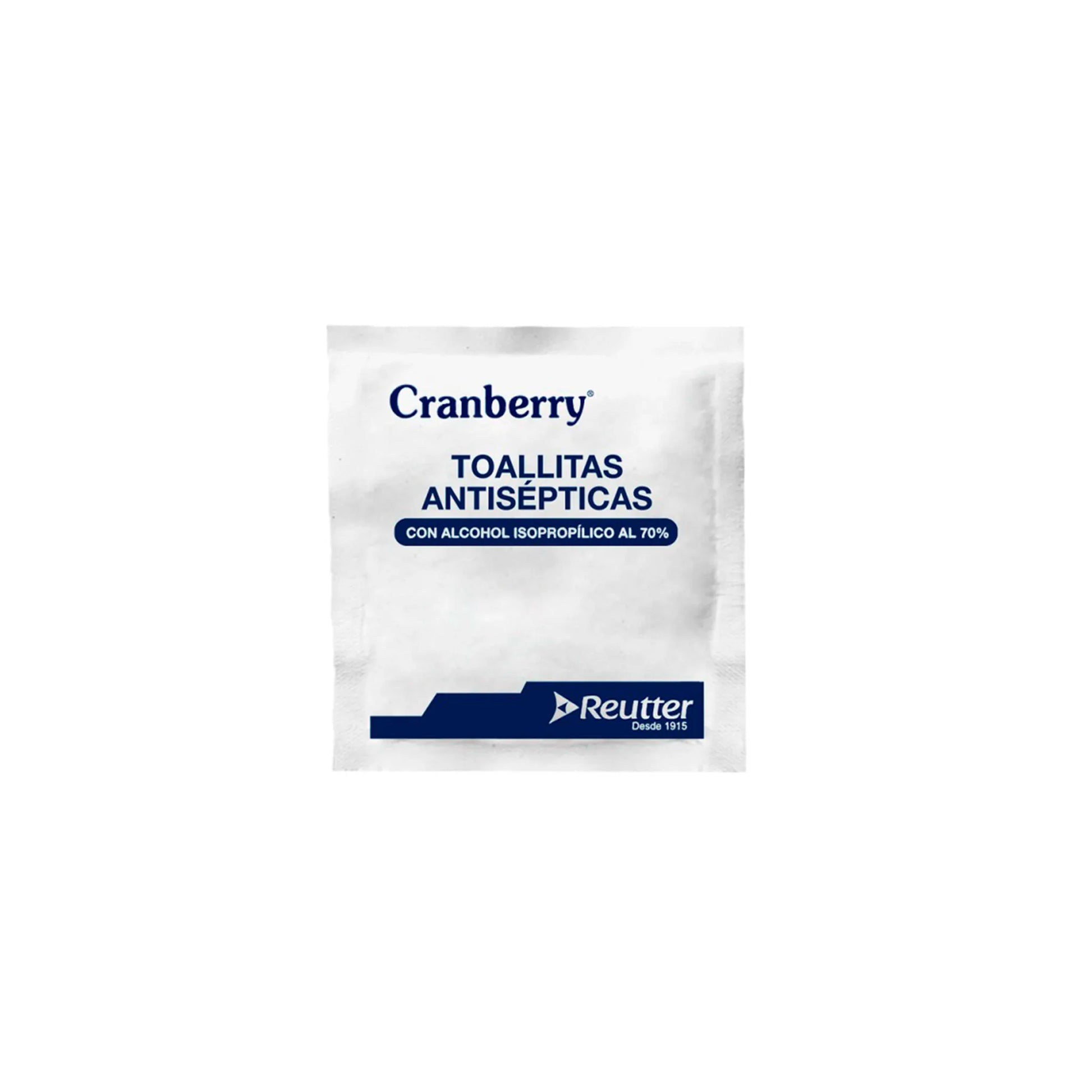 Primer plano de sachet individual de toalla antiséptica Cranberry saturada con alcohol al 70% para asepsia en inyecciones y punciones, distribuido por Klinetix.
