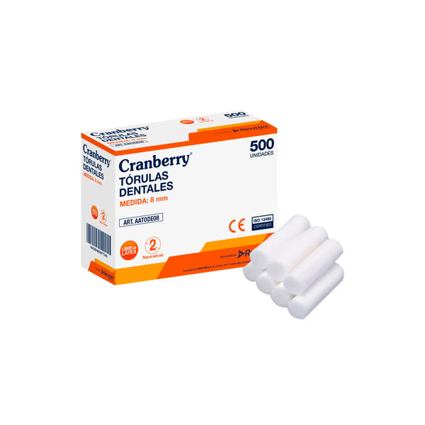 Caja de 500 tórulas dentales Cranberry de 8 mm. Rollos de algodón 100% puro, altamente absorbentes y libres de látex, diseñados para el aislamiento y control de humedad en procedimientos odontológicos. Presentación en empaque profesional con certificación ISO. Distribuido por Klinetix.