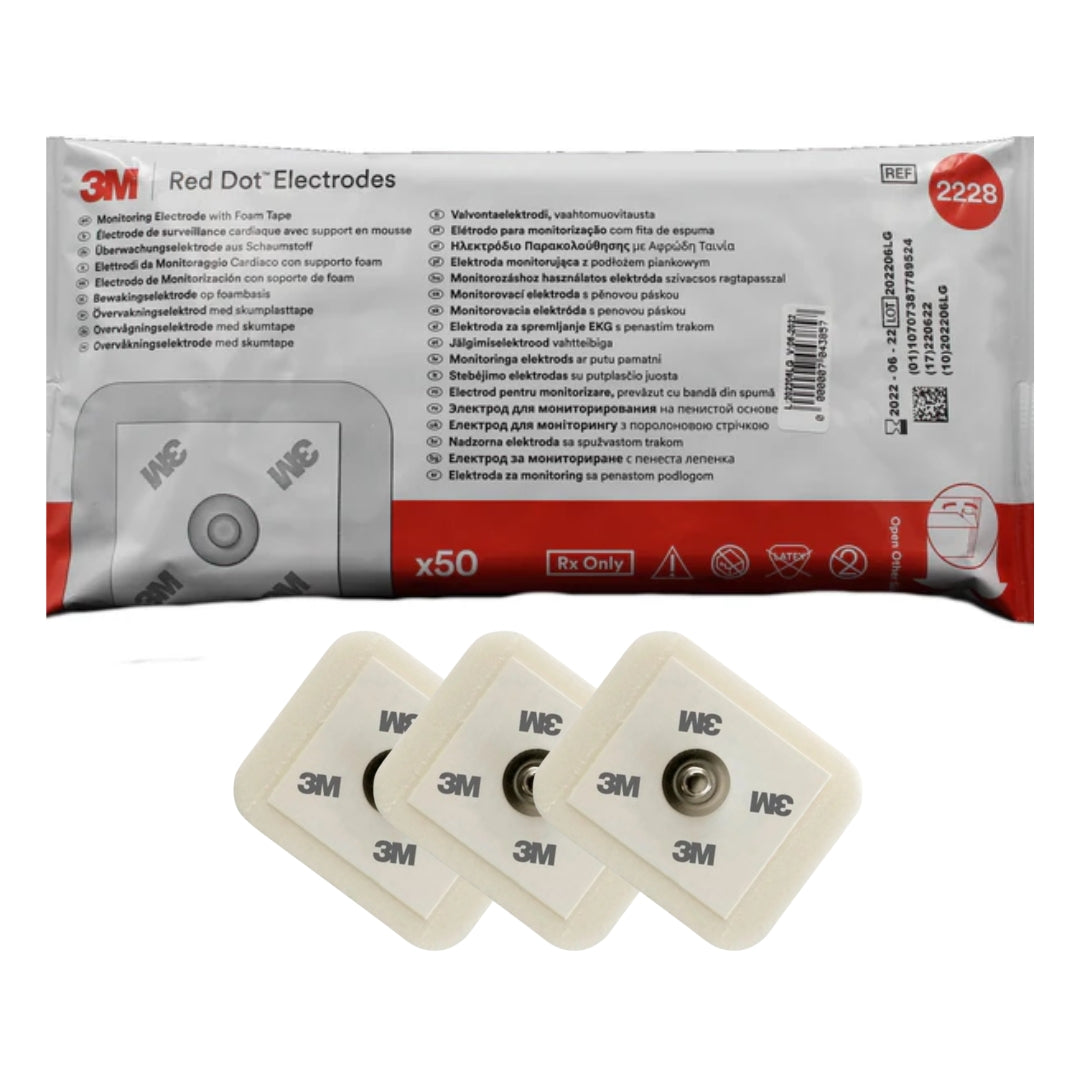 Paquete de 50 electrodos 3M Red Dot 2228 con respaldo de espuma para monitoreo ECG.