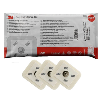Paquete de 50 electrodos 3M Red Dot 2228 con respaldo de espuma para monitoreo ECG.