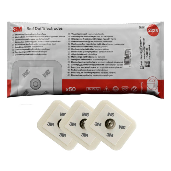 Paquete de 50 electrodos 3M Red Dot 2228 con respaldo de espuma para monitoreo ECG.