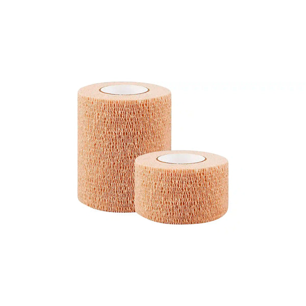 Dos rollos de venda elástica autoadherente Coban NL de 3M en color piel. Vendaje compresivo libre de látex para soporte y fijación segura sin adhesivos adicionales. Distribuido por Klinetix.