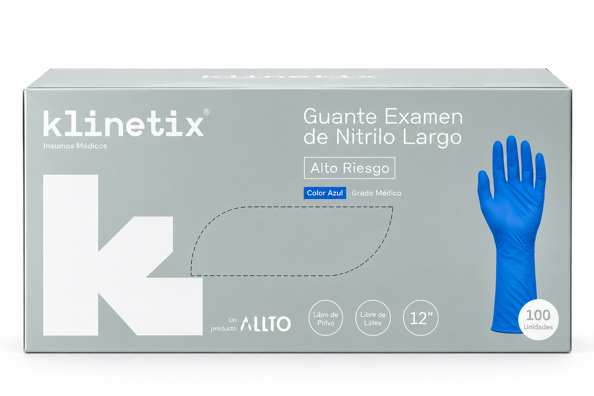 Guante de examinación nitrilo azul alto riesgo Klinetix, puño extendido 12 pulgadas, caja de 100 unidades