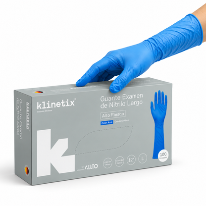 Guante nitrilo azul alto riesgo Klinetix talla L, superficie texturizada en los dedos