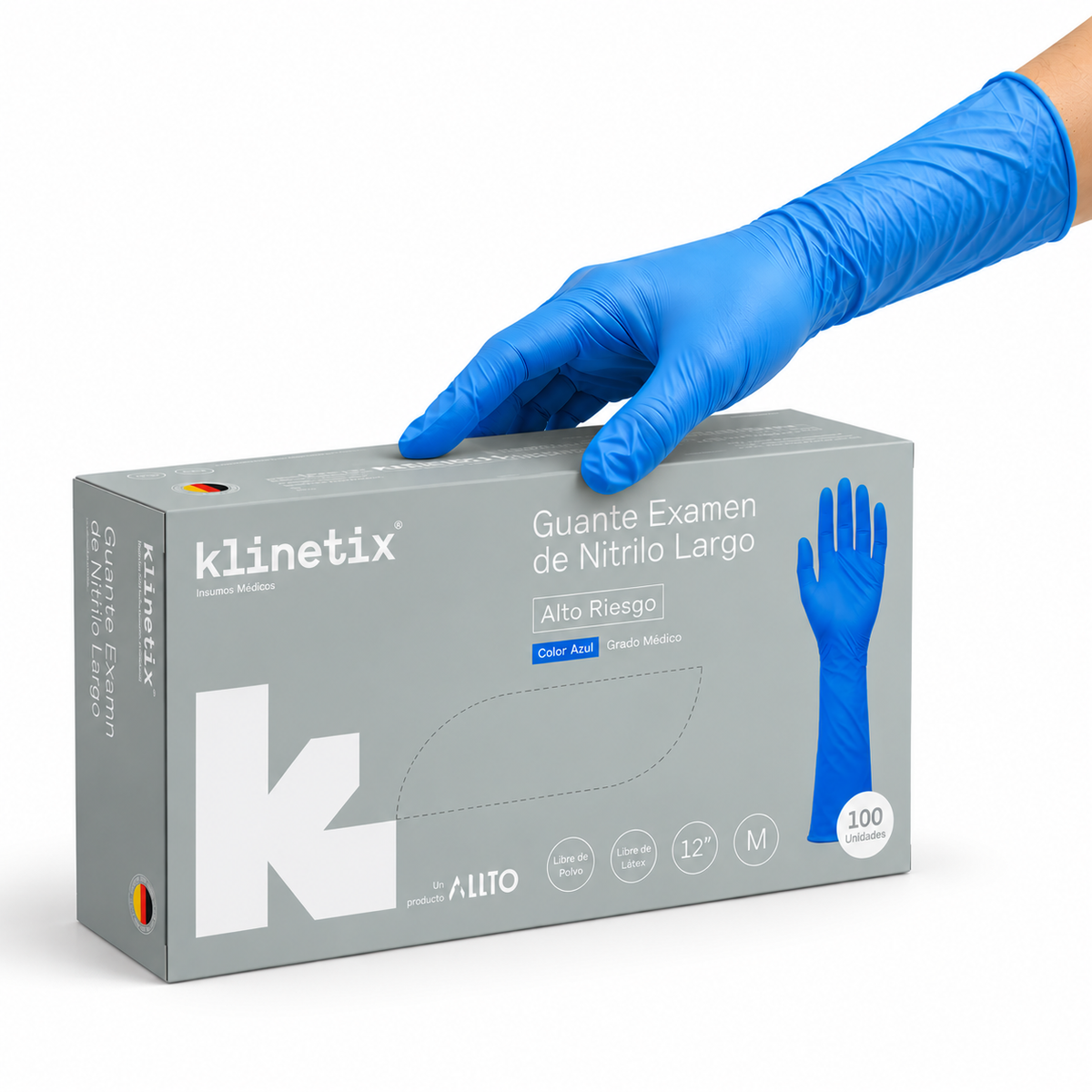 Guante nitrilo azul alto riesgo Klinetix talla M, puño largo con reborde enrollado