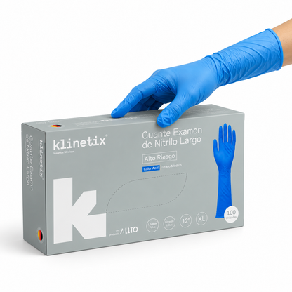 Guante nitrilo azul alto riesgo Klinetix talla XL, grado médico sin polvo ni látex