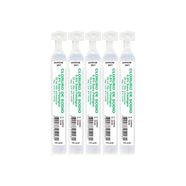 Pack de 5 ampollas de suero fisiológico al 0.9% de 20 mL cada una, solución estéril.